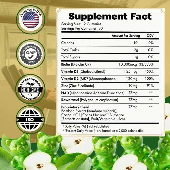 NAD+ Biotin, Resveratrol, Berberine & Anti-Aging Gummies – Green Apple Flavor - Image 2