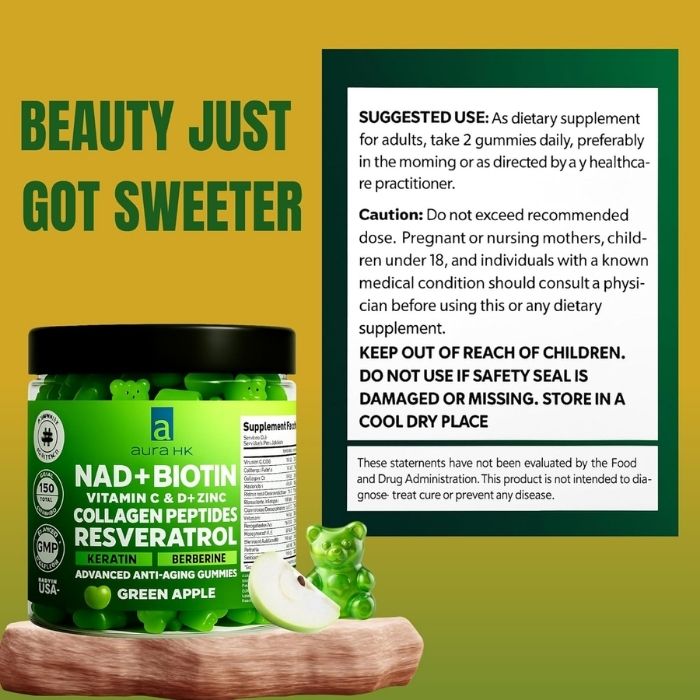 NAD+ Biotin, Resveratrol, Berberine & Anti-Aging Gummies – Green Apple Flavor - Image 9