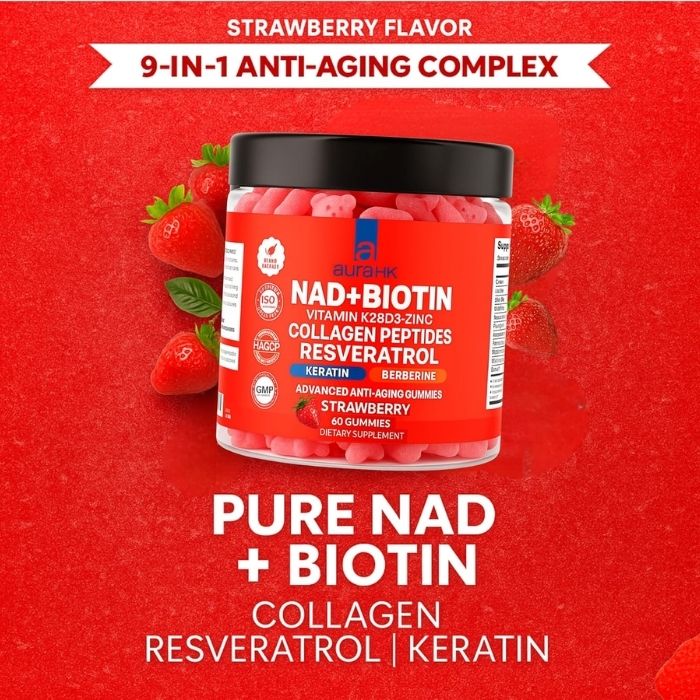 NAD+ Biotin, Resveratrol, Berberine & Anti-Aging Gummies – Strawberry Flavor - Image 3