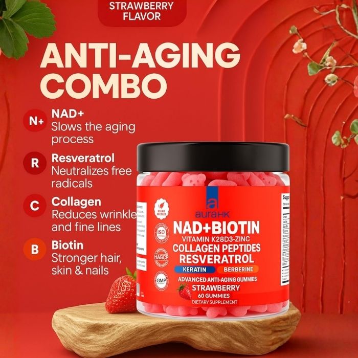 NAD+ Biotin, Resveratrol, Berberine & Anti-Aging Gummies – Strawberry Flavor - Image 6