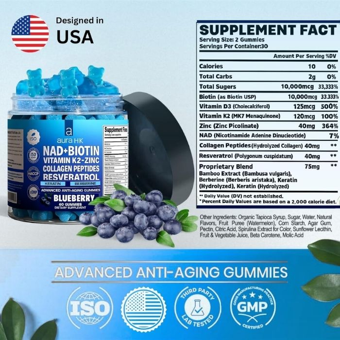 NAD + Biotin, Resveratrol, Berberine & Anti-Aging Gummies - Blueberry Flavor - Image 2